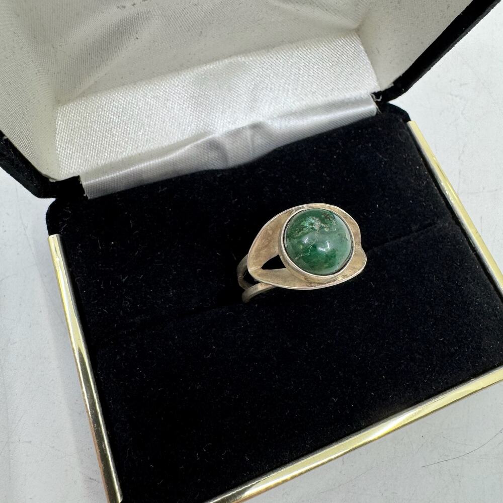 Vintage Taxco Boho Silver & Green Jasper Adjustable Ring